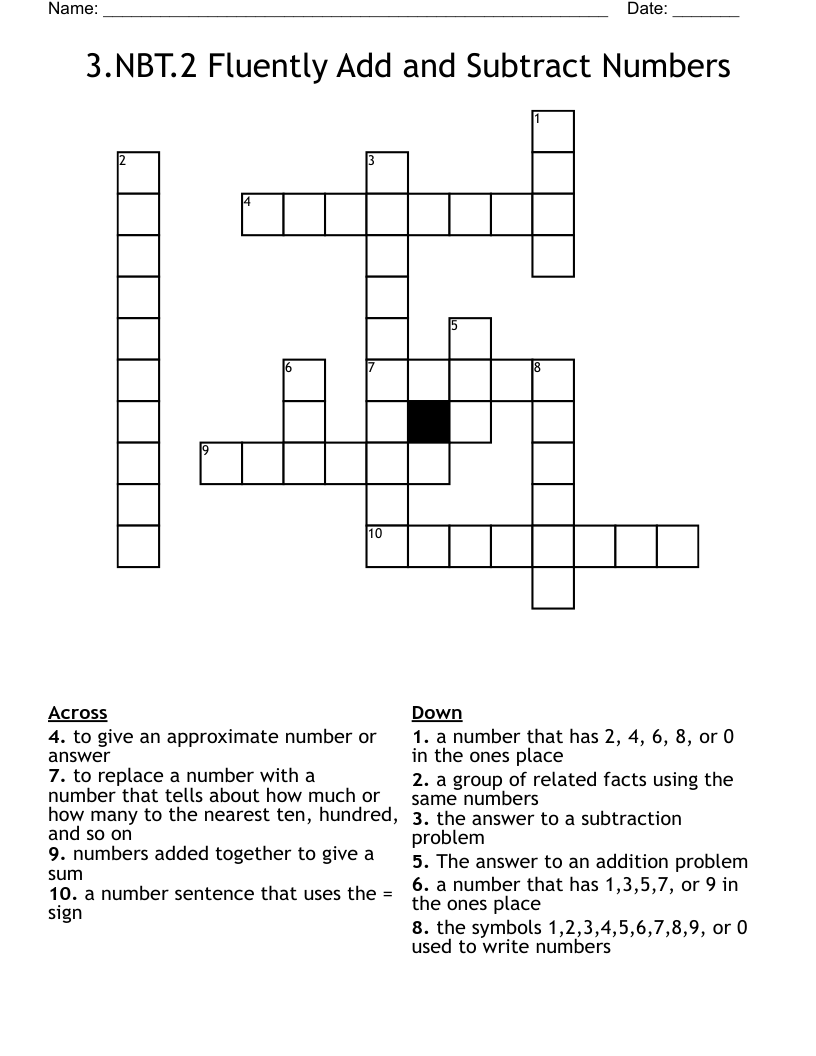 3.NBT.2 Fluently Add and Subtract Numbers Crossword