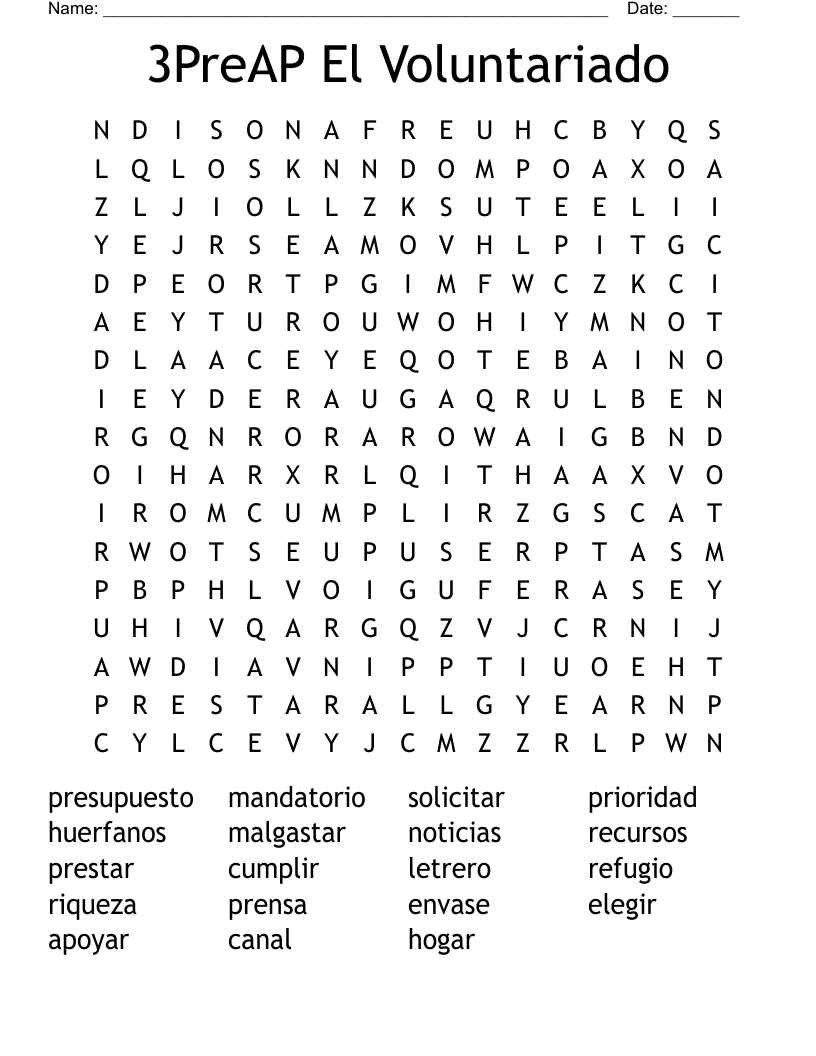 3PreAP El Voluntariado Word Search