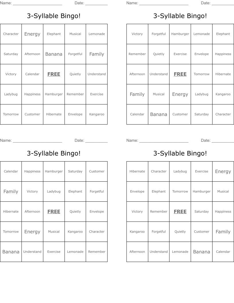 3-Syllable Bingo!