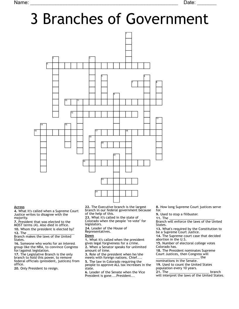 3 Branches of Government  Crossword