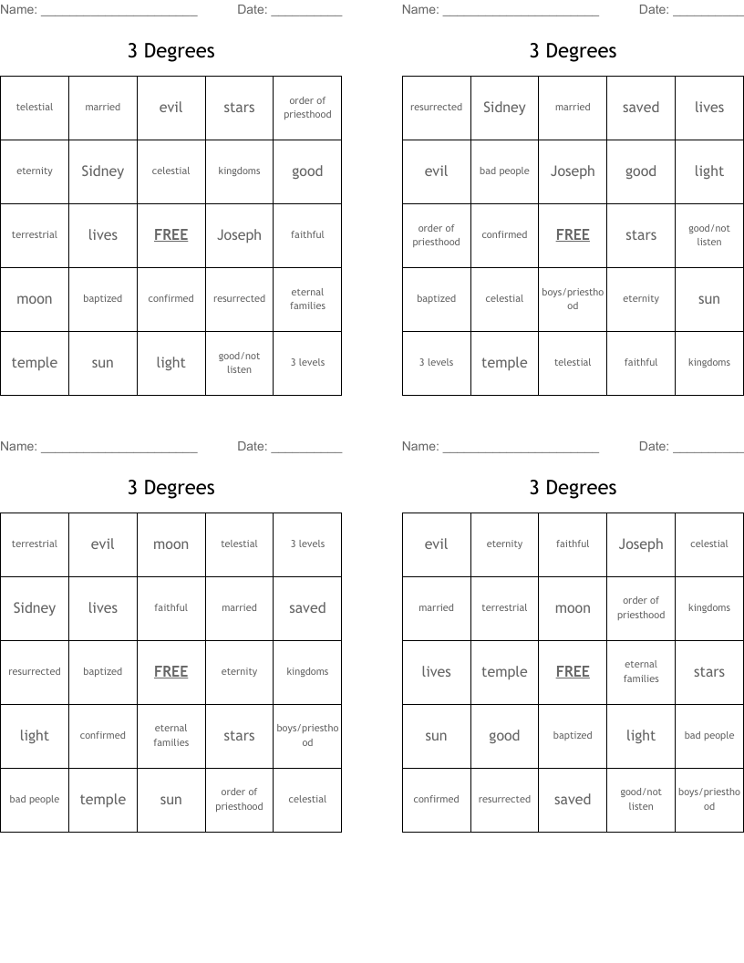 3 Degrees Bingo Cards
