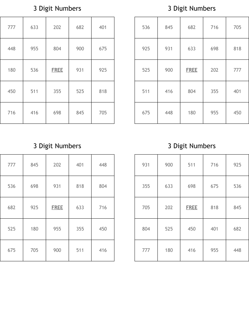 3 Digit Numbers Bingo Cards