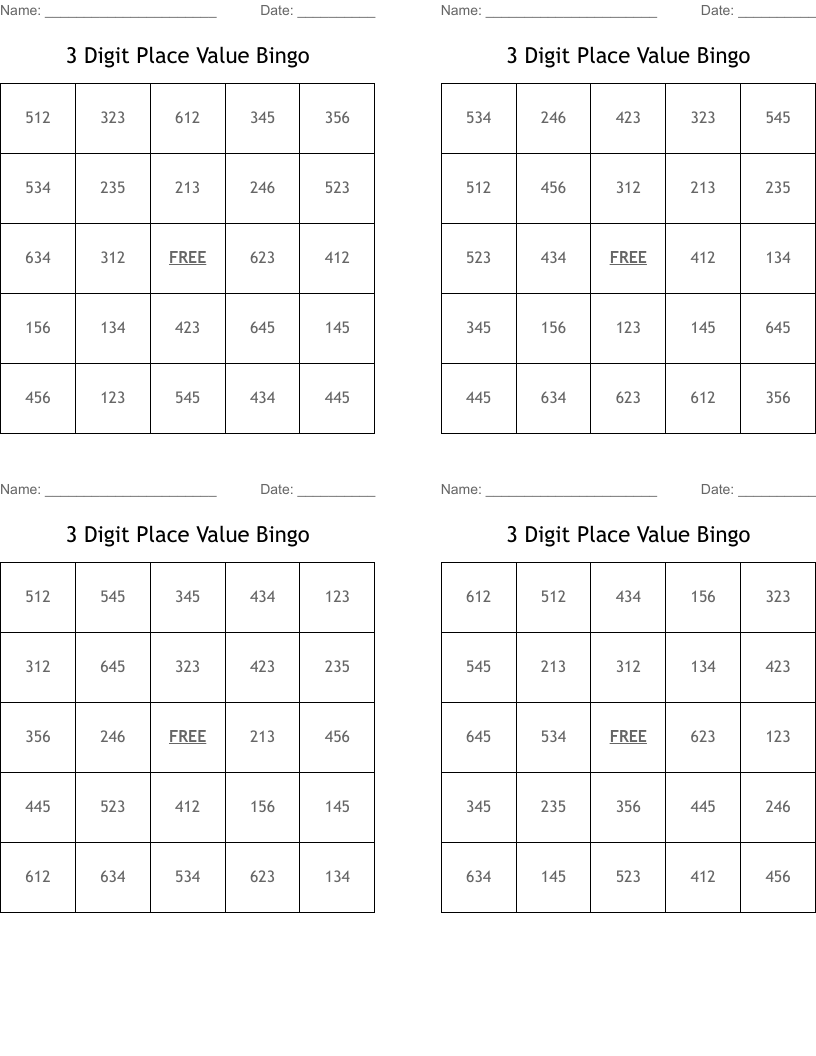 3 Digit Place Value Bingo