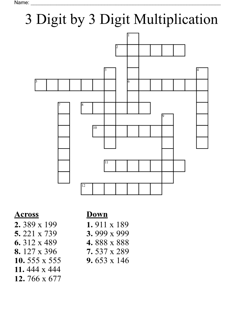 3 Digit by 3 Digit Multiplication Crossword
