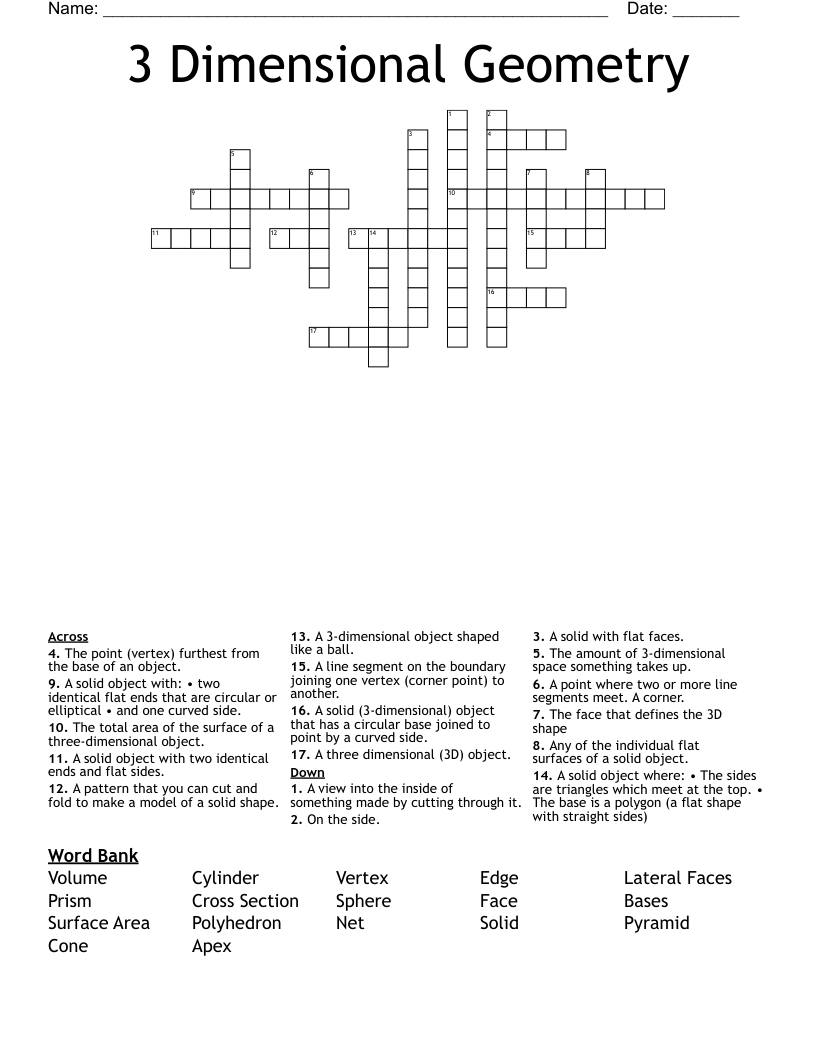 3 Dimensional Geometry Crossword