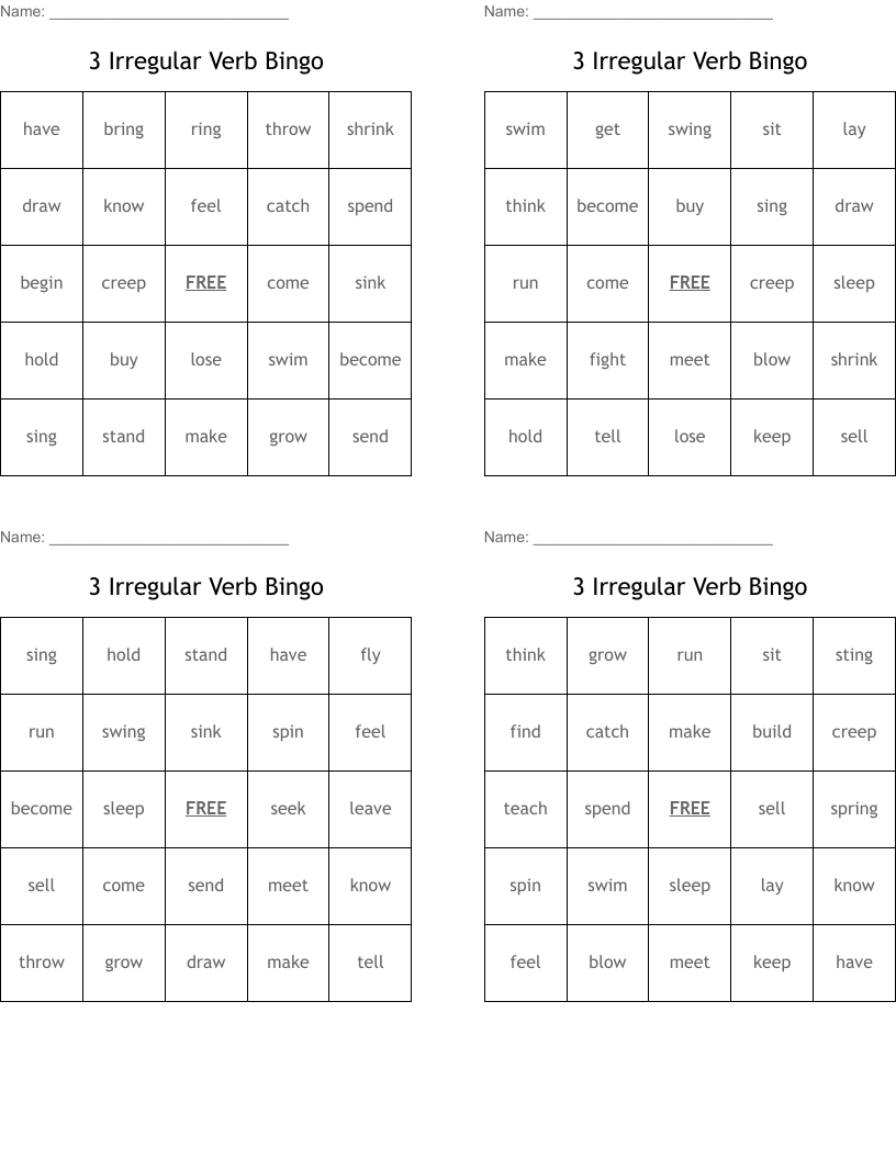 3 Irregular Verb Bingo