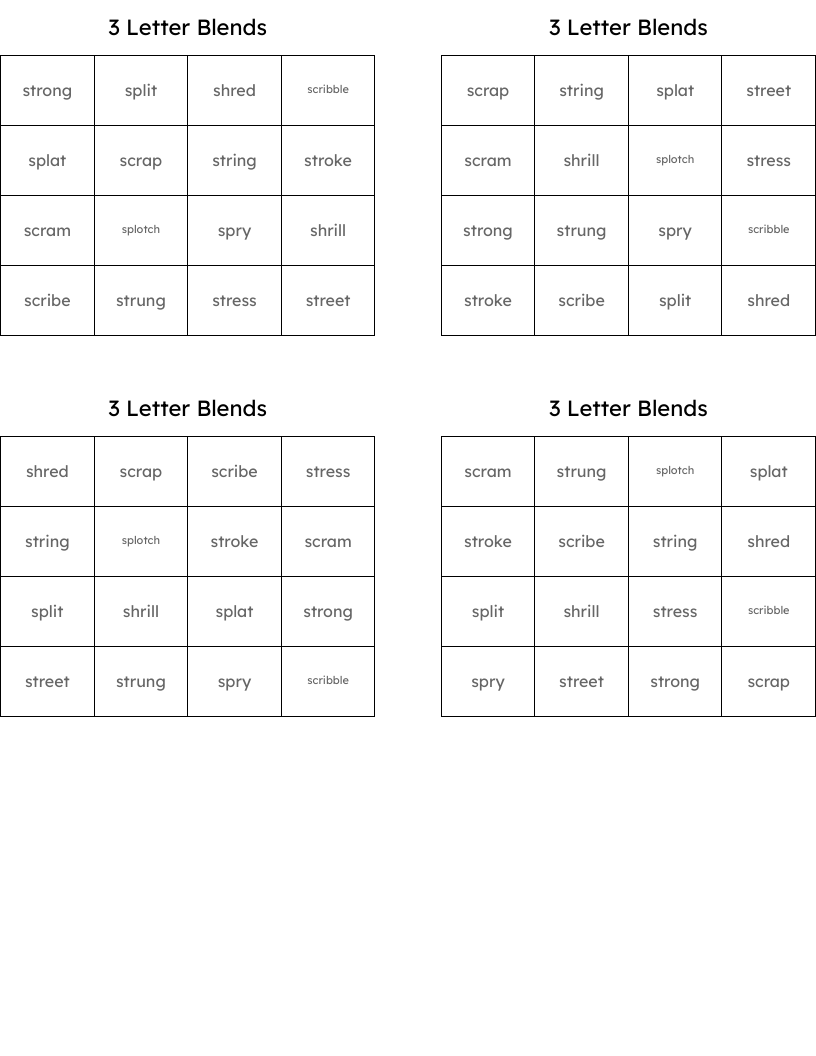3 Letter Blends Bingo Cards