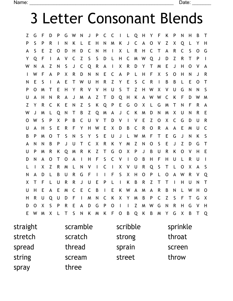 3 Letter Consonant Blends Word Search