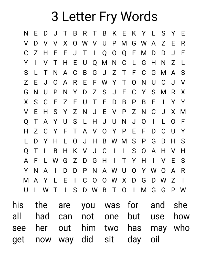 3 Letter Fry Words Word Search