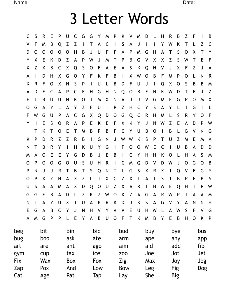 3 Letter Words Word Search