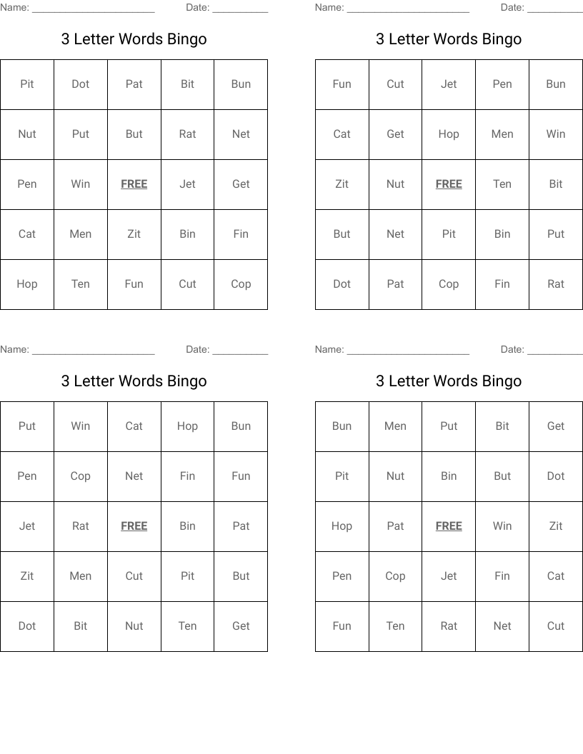3 Letter Words Bingo