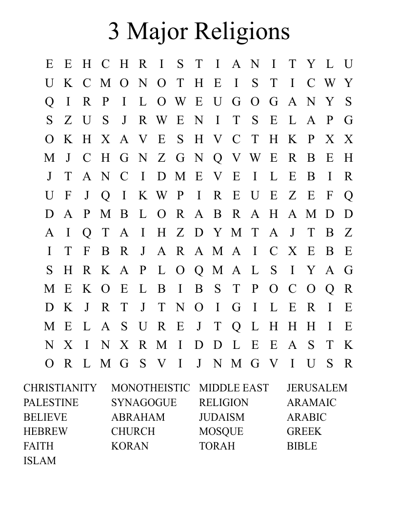 3 Major Religions Word Search