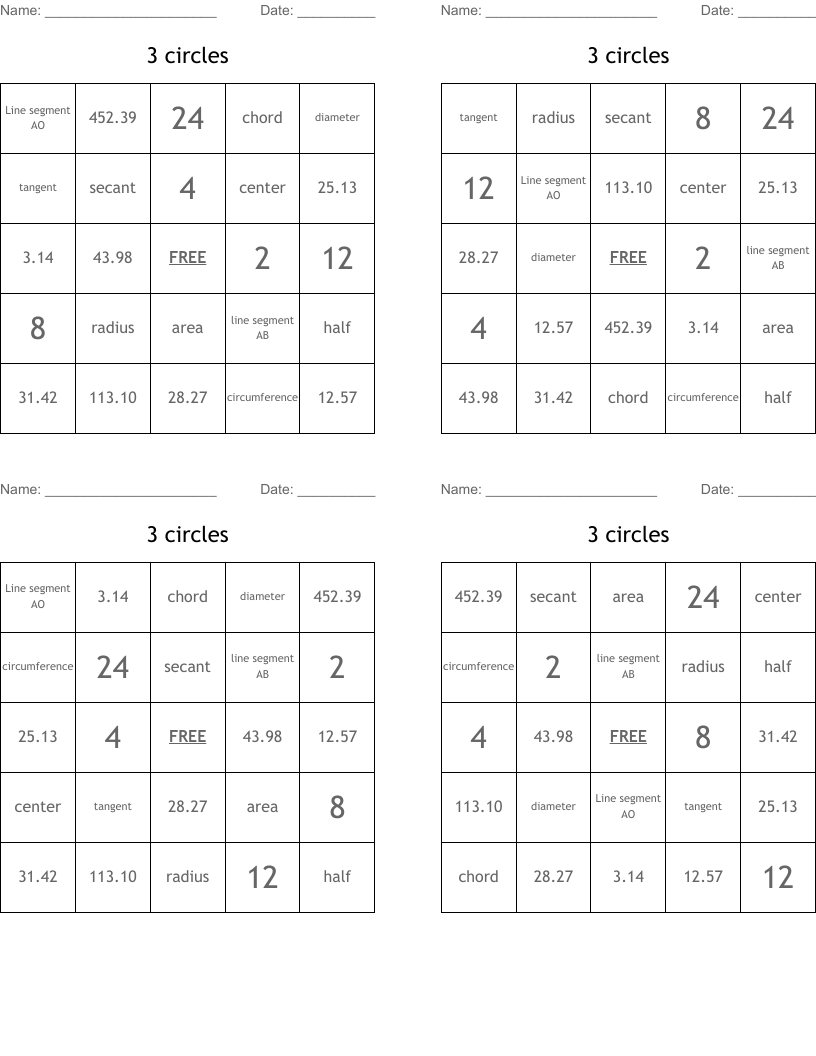 3 circles Bingo Cards
