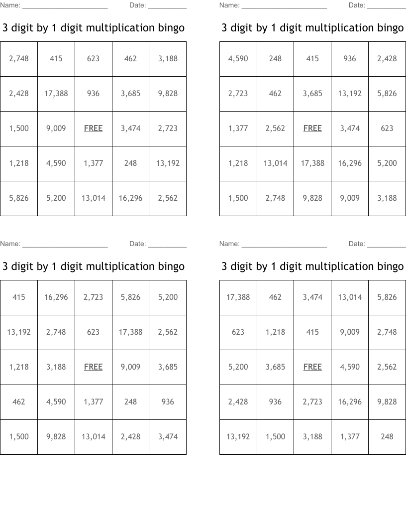 3 digit by 1 digit multiplication bingo