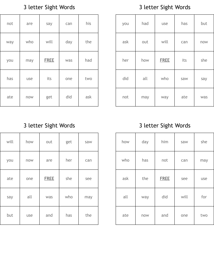 3 letter Sight Words Bingo Cards