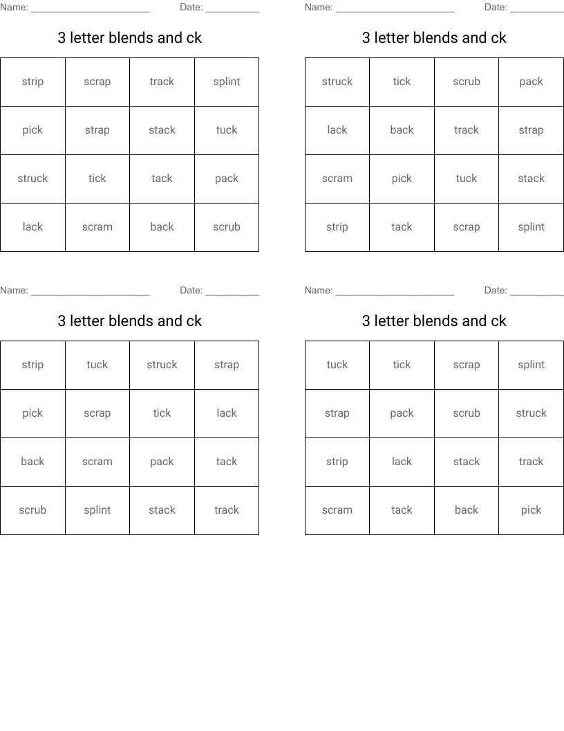 3 letter blends and ck Bingo Cards
