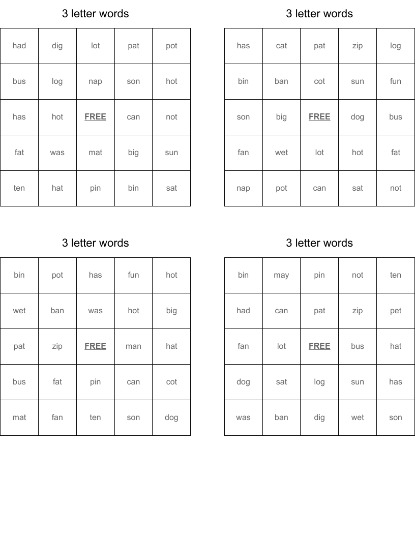 3 letter words Bingo Cards