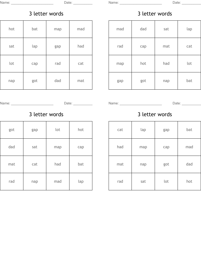 3 letter words Bingo Cards