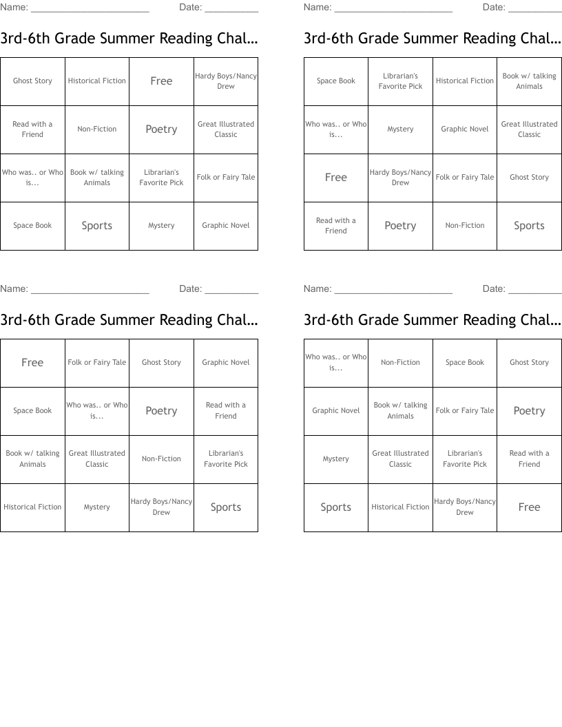 3rd-6th Grade Summer Reading Challenge! Bingo Cards