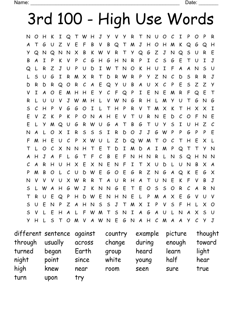 3rd 100 - High Use Words Word Search