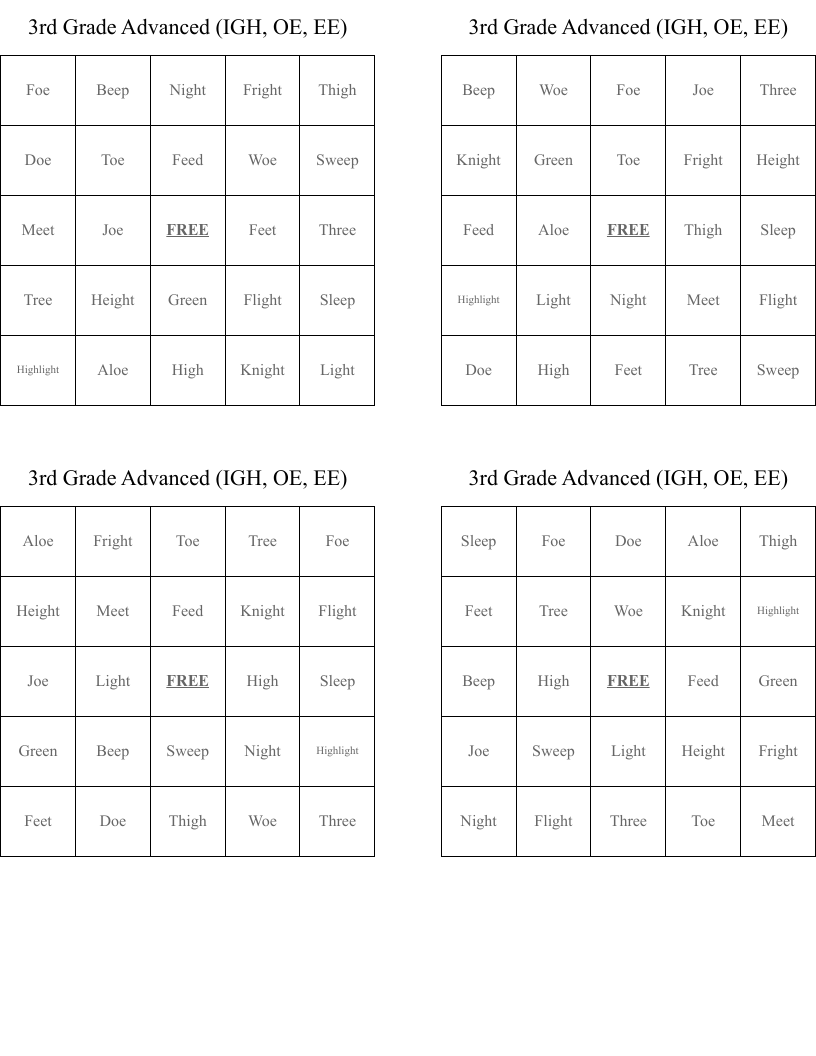 3rd Grade Advanced (IGH, OE, EE) Bingo Cards