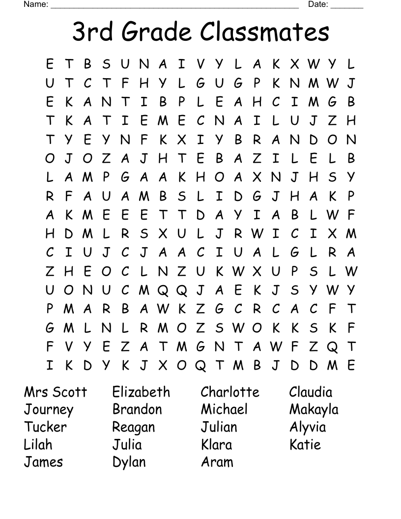 3rd Grade Classmates Word Search