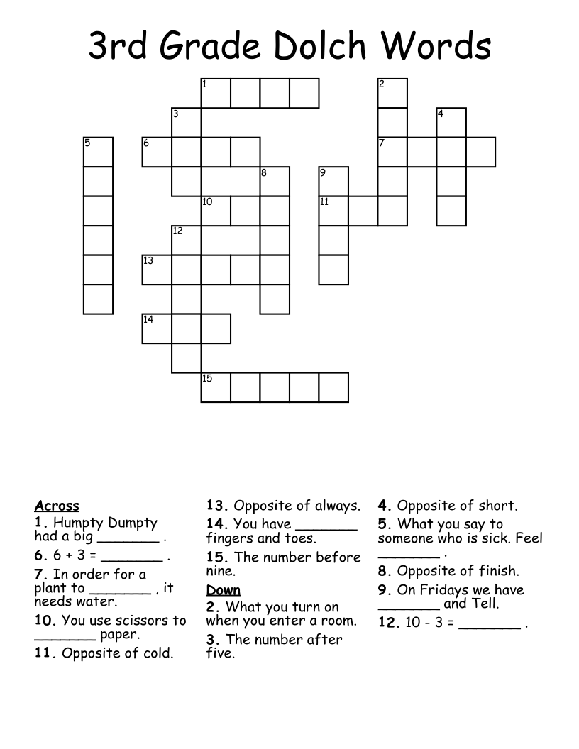 3rd Grade Dolch Words Crossword