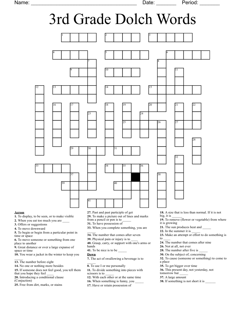3rd Grade Dolch Words Crossword