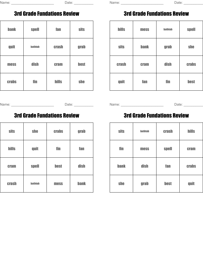 3rd Grade Fundations Review Bingo Cards
