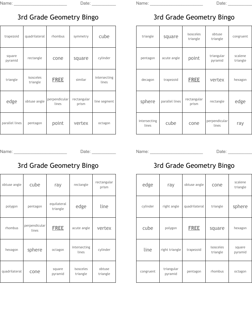 3rd Grade Geometry Bingo