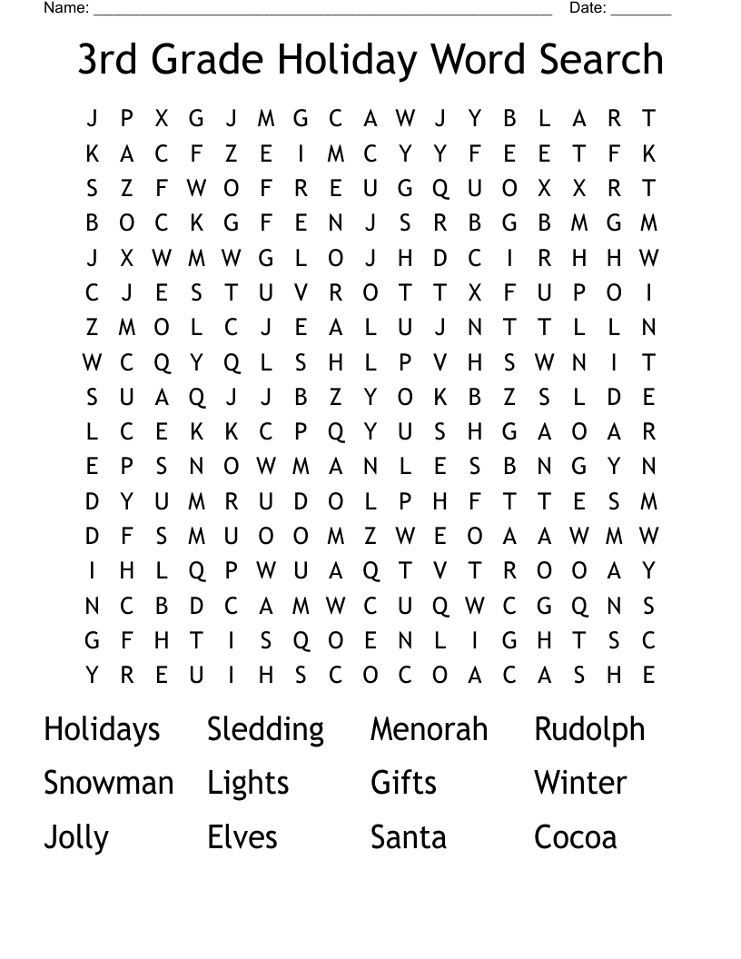 3rd Grade Holiday Word Search