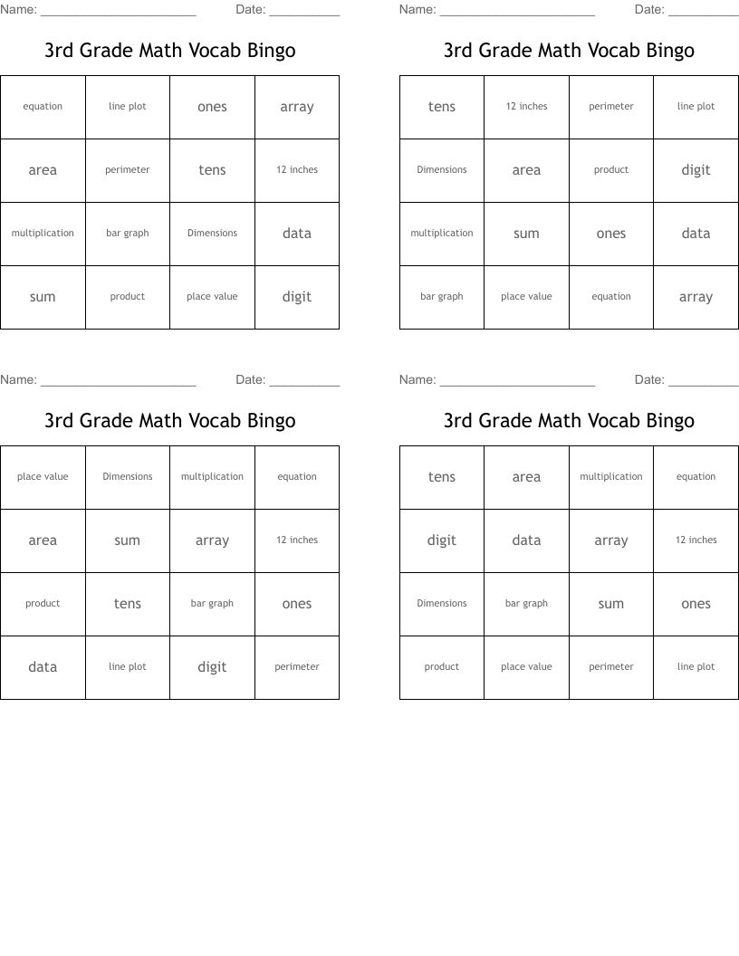 3rd Grade Math Vocab Bingo