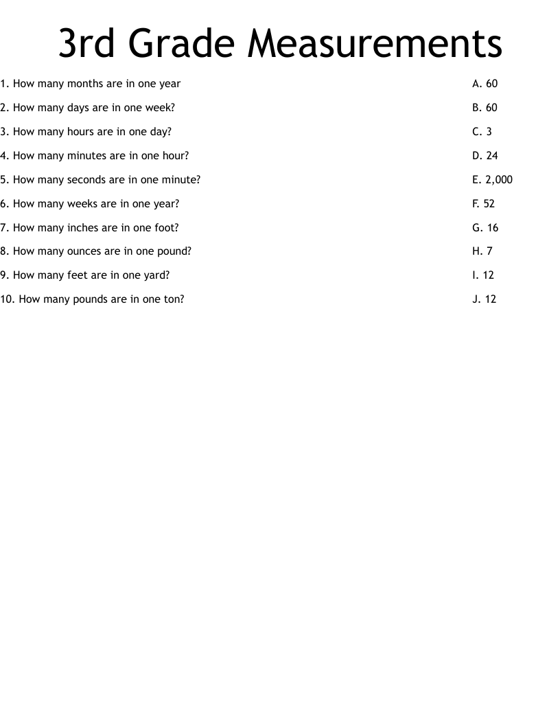3rd Grade Measurements Worksheet