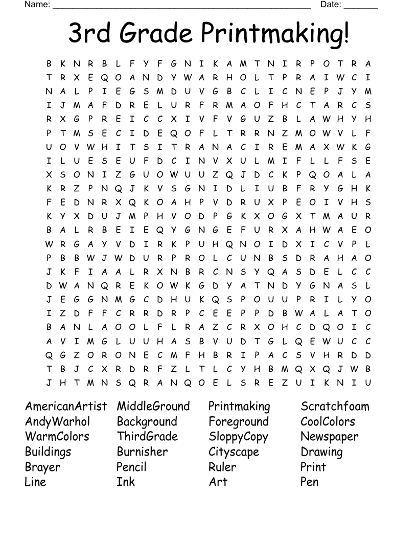 3rd Grade Printmaking! Word Search