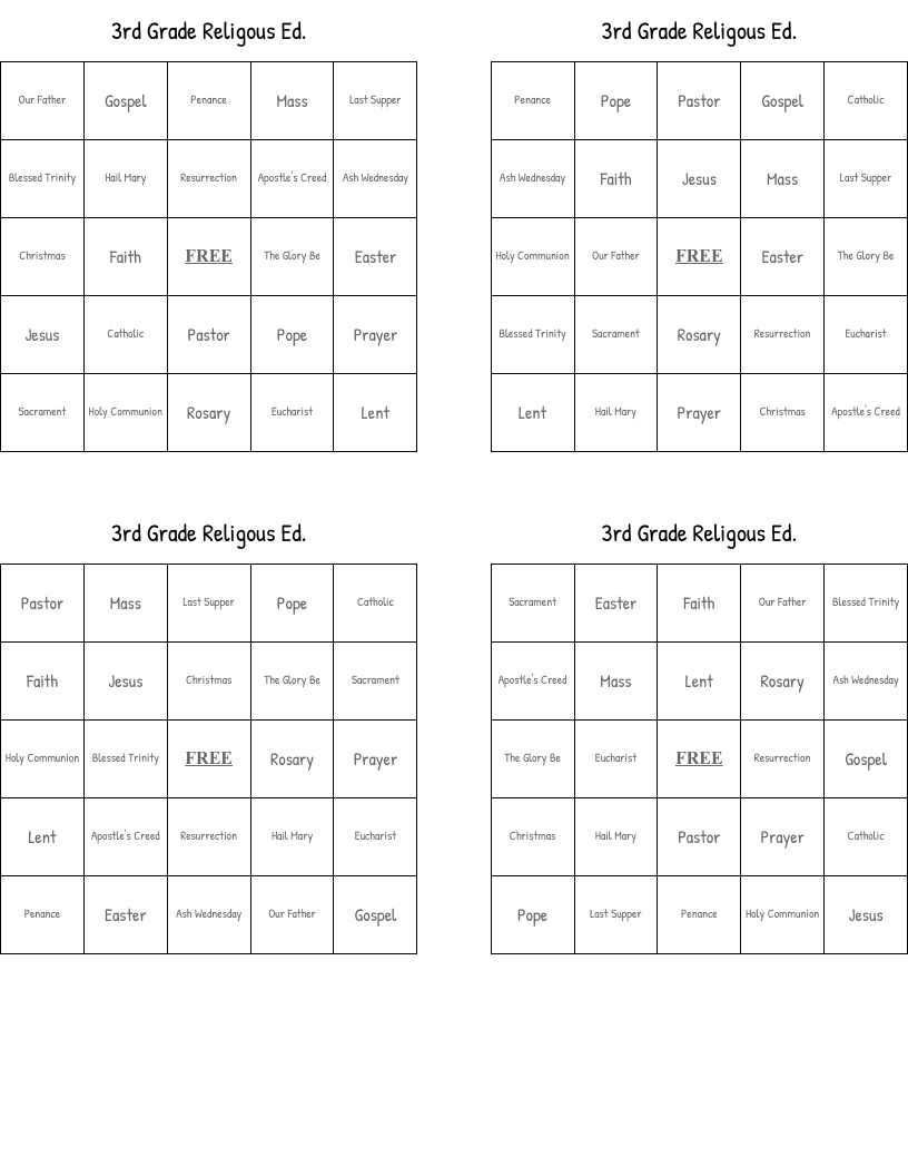 3rd Grade Religous Ed. Bingo Cards