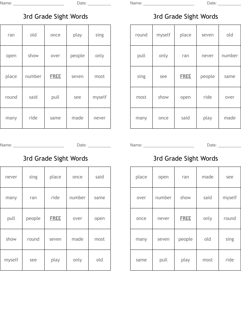 3rd Grade Sight Words Bingo Cards