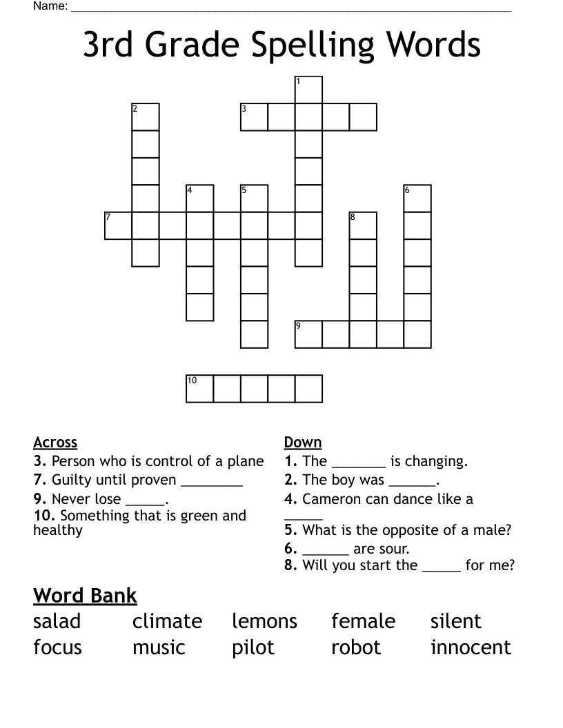 3rd Grade Spelling Words Crossword