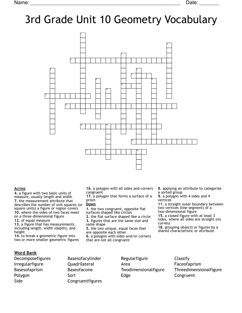 3rd Grade Unit 10 Geometry Vocabulary Crossword