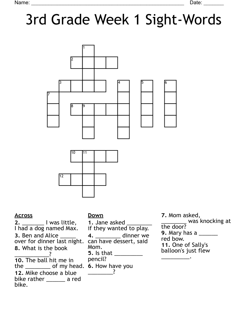 3rd Grade Week 1 Sight-Words Crossword