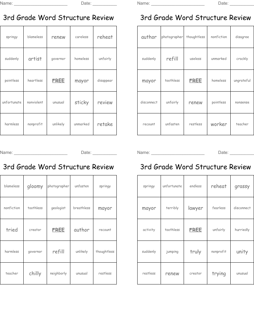 3rd Grade Word Structure Review Bingo Cards