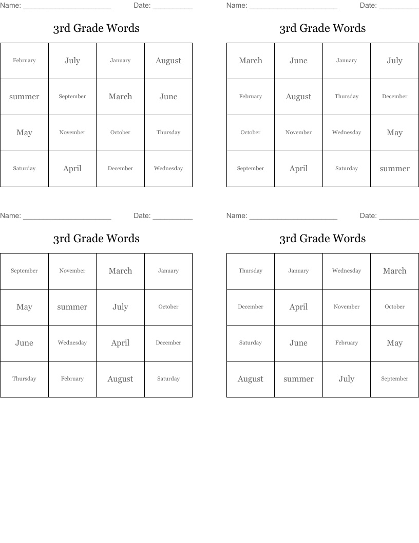 3rd Grade Words Bingo Cards