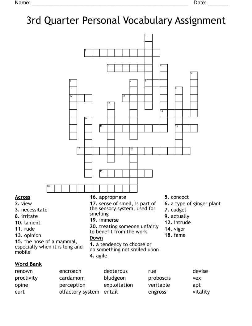 3rd Quarter Personal Vocabulary Assignment Crossword