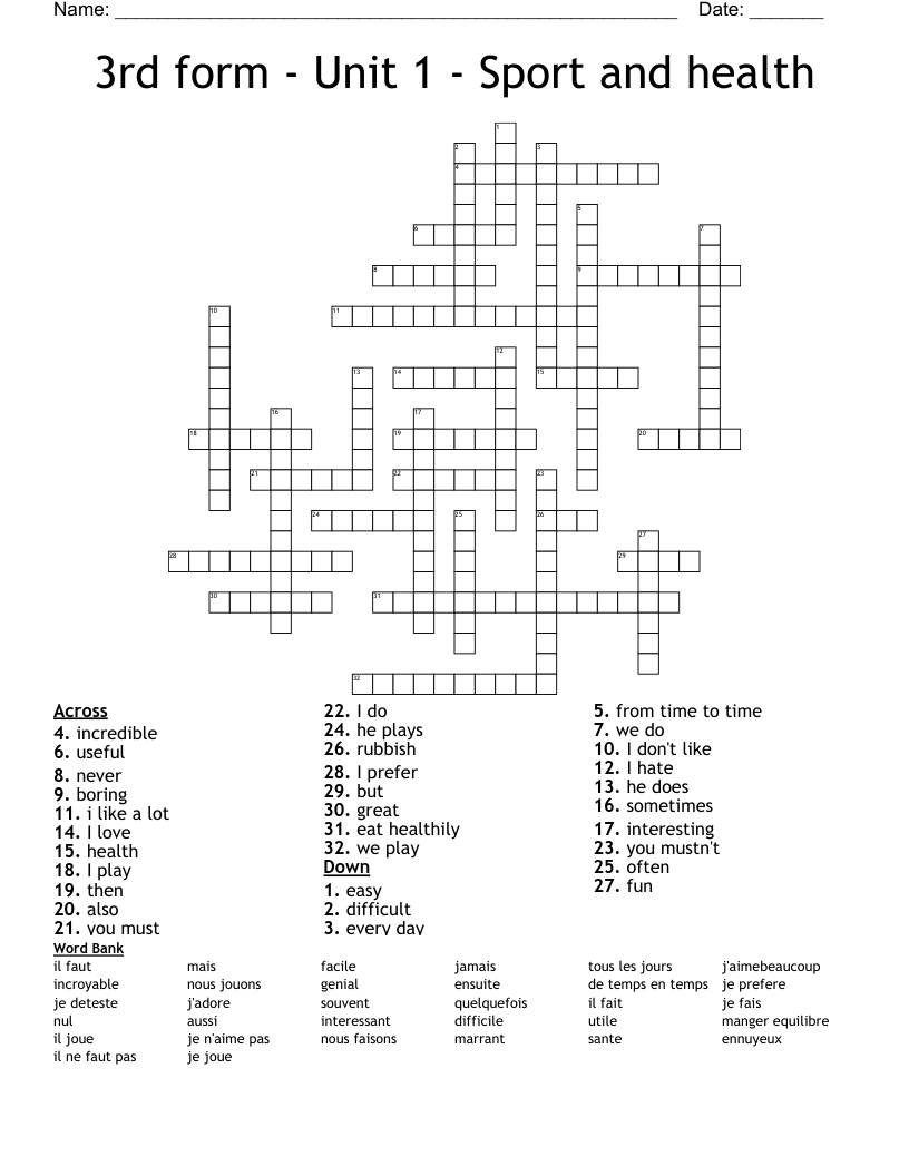 3rd form - Unit 1 - Sport and health Crossword