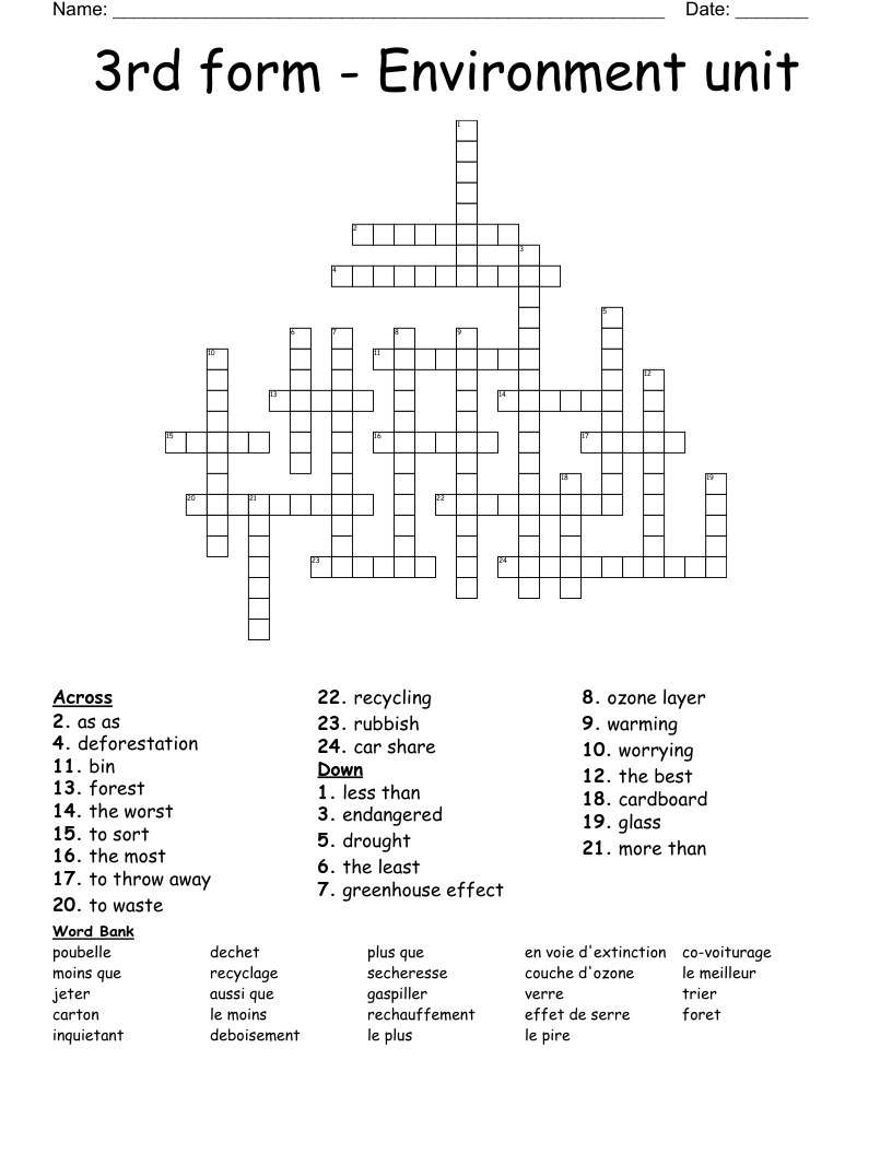 3rd form - Environment unit Crossword