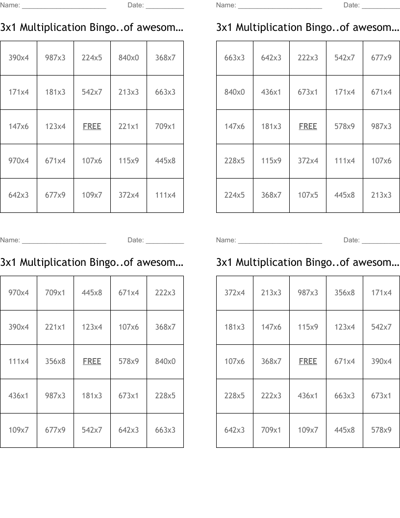 3x1 Multiplication Bingo..of awesomeness