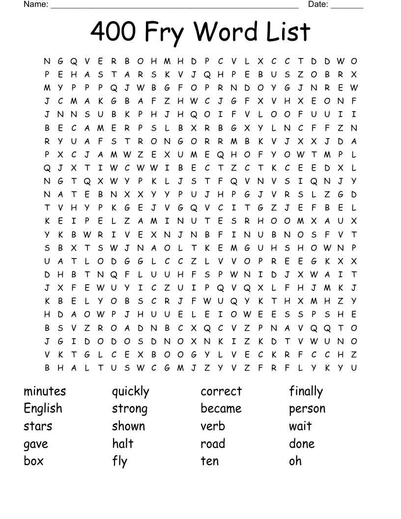 400 Fry Word List Word Search
