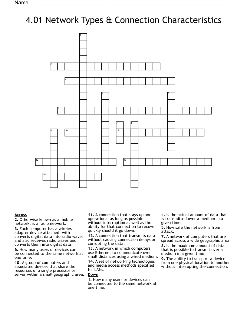 4.01 Network Types & Connection Characteristics Crossword