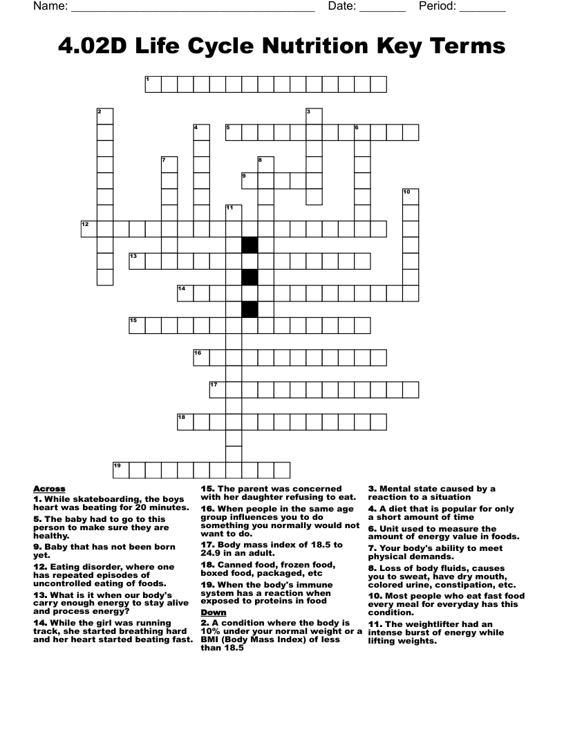 4.02D Life Cycle Nutrition Key Terms Crossword