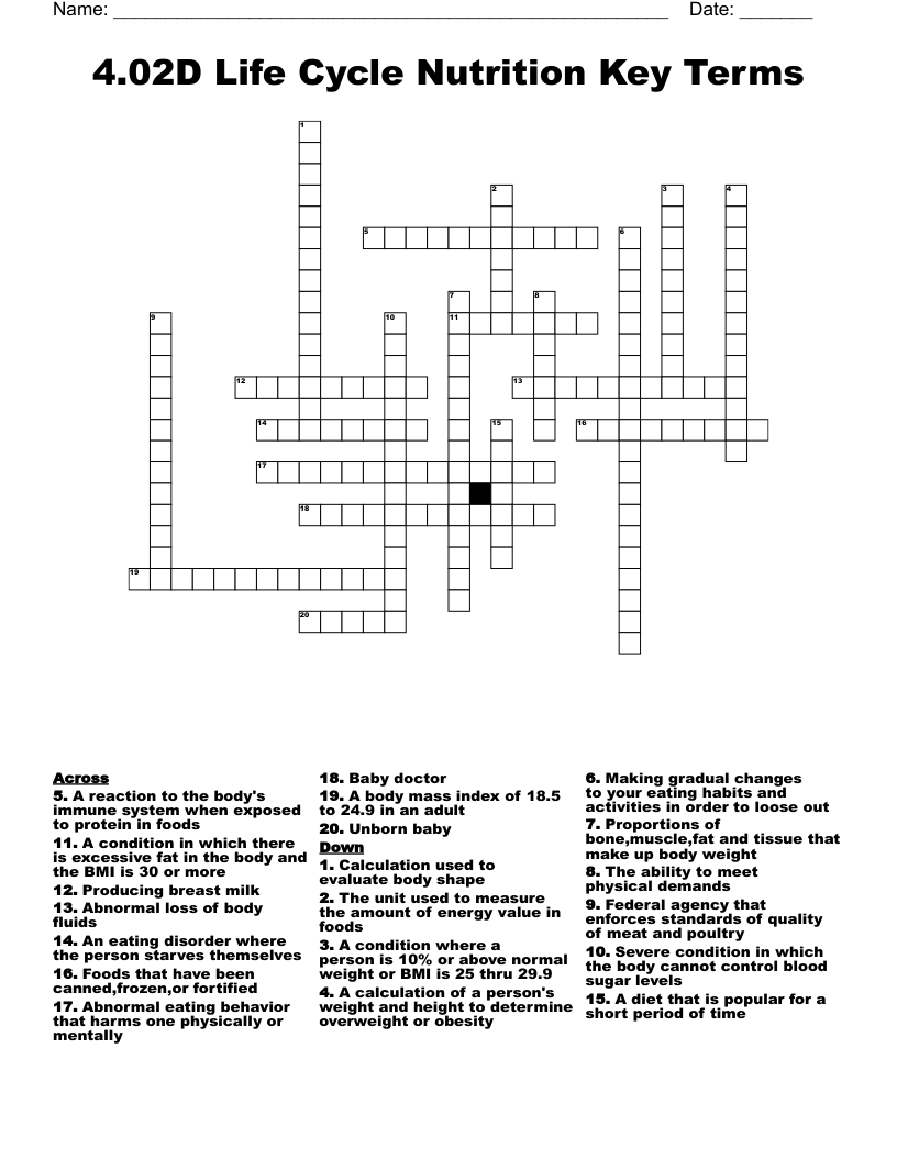 4.02D Life Cycle Nutrition Key Terms Crossword