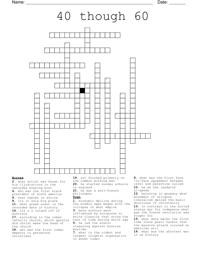 40 though 60 Crossword